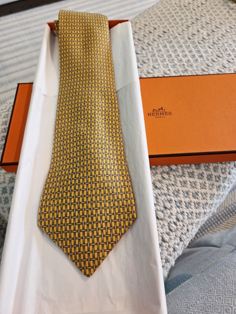 Hermes Yellow Patterned Silk Tie